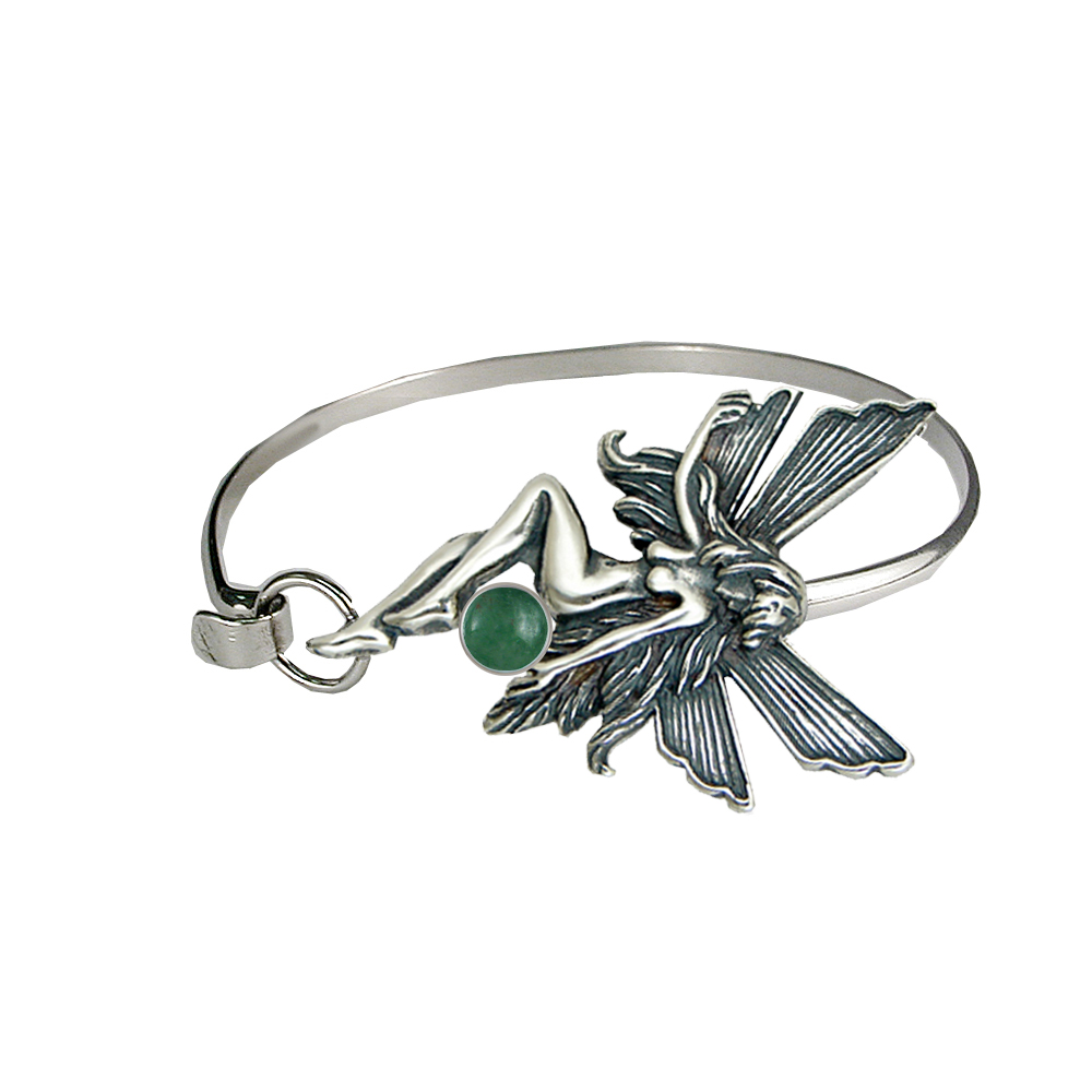 Sterling Silver Fairy Strap Latch Spring Hook Bangle Bracelet With Jade